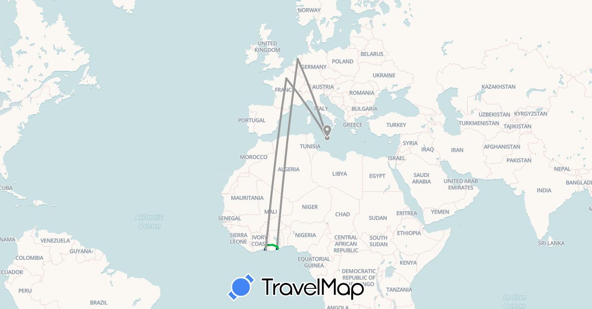 TravelMap itinerary: driving, bus, plane, hiking, motorbike in Côte d'Ivoire, France, Ghana, Malta, Netherlands (Africa, Europe)
